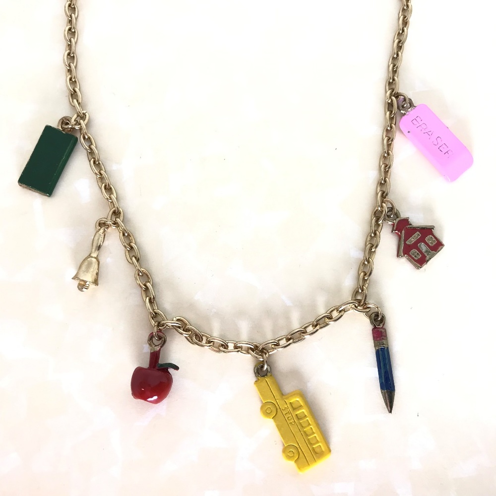 Vintage Teacher School Charm Gold Tone Necklace - Picture 5 of 6